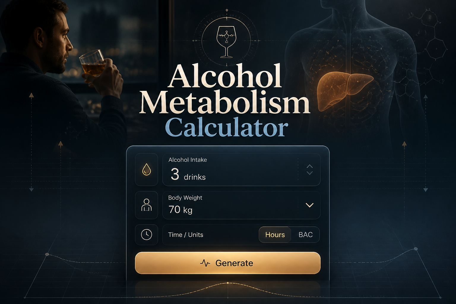 Centered hero graphic with "Alcohol Metabolism Calculator" over a sleek UI panel showing alcohol intake, body weight or drink type dropdown, a small time/unit toggle, and a Generate button, with subtle grid accents and a fading background.