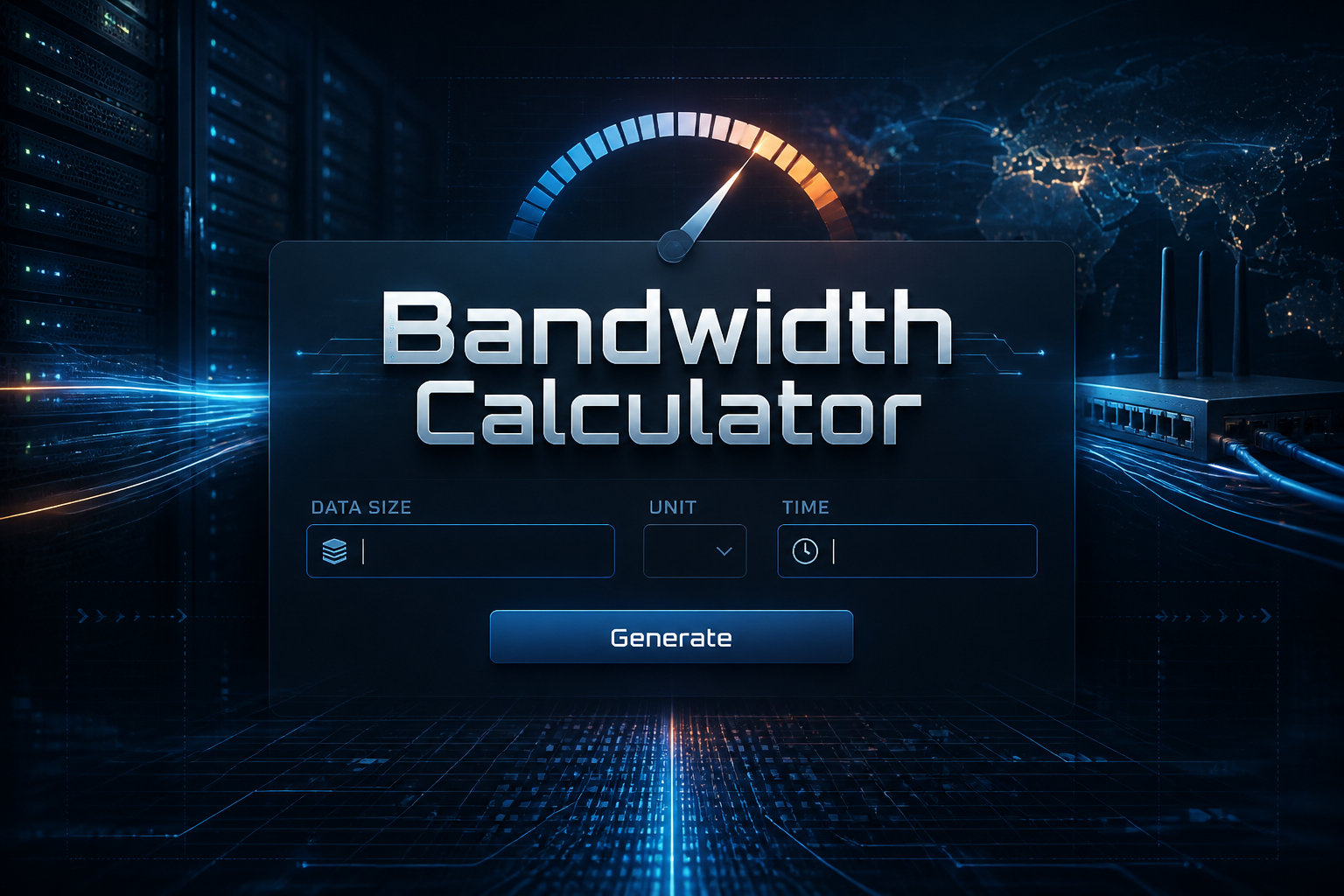 A sleek hero graphic shows "Bandwidth Calculator" above a centered panel with data size, unit, and time fields plus a Generate button, set over servers, routers, and glowing network lines, ideal for a bandwidth usage calculator and internet speed planning tool.