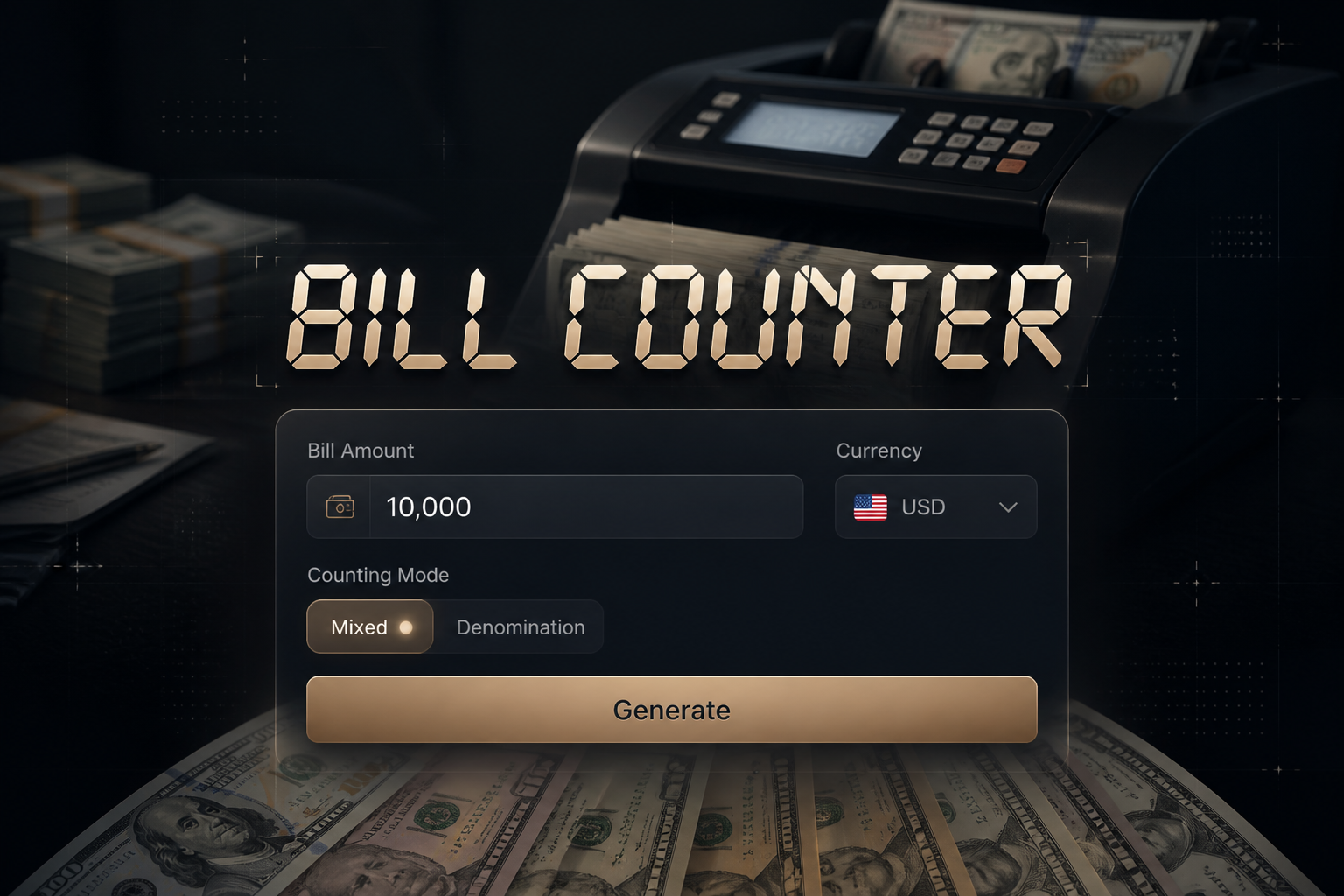 Centered hero graphic for a Bill Counter tool showing a sleek bill amount input, currency dropdown, counting mode toggle, and Generate button on a premium dark UI panel with faint grid lines and real-life currency counting use case.