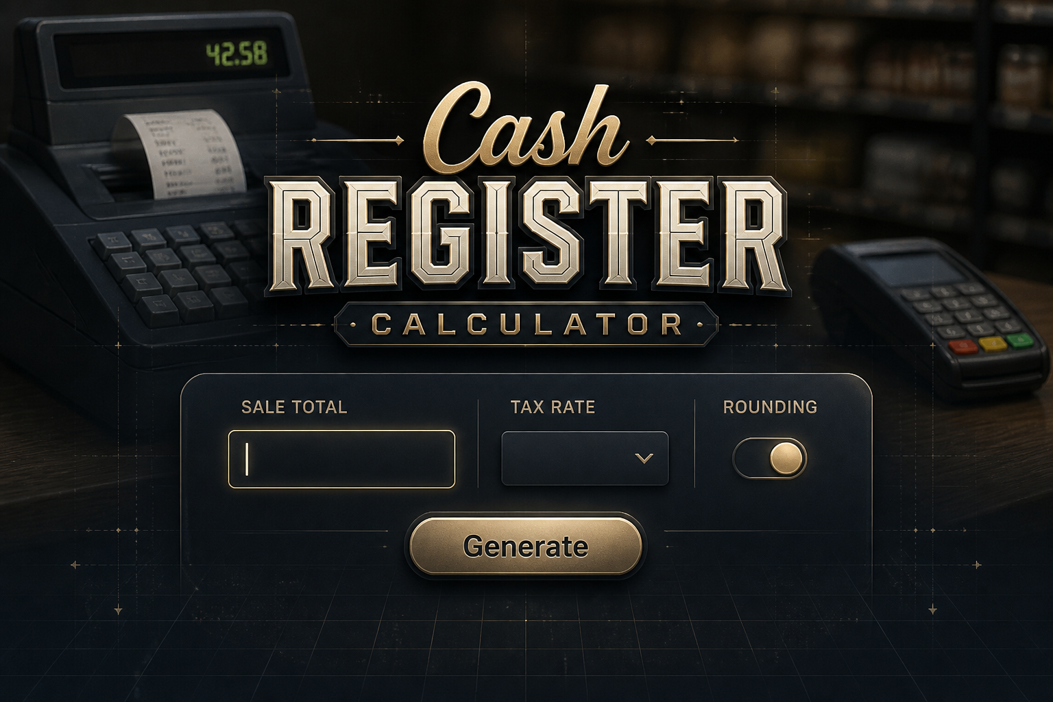 A polished hero graphic for Cash Register Calculator shows a centered UI panel with a sale total field, tax rate dropdown, rounding toggle, and Generate button over a fading checkout counter with cash register and receipt slip, ideal for cash register calculator tool.