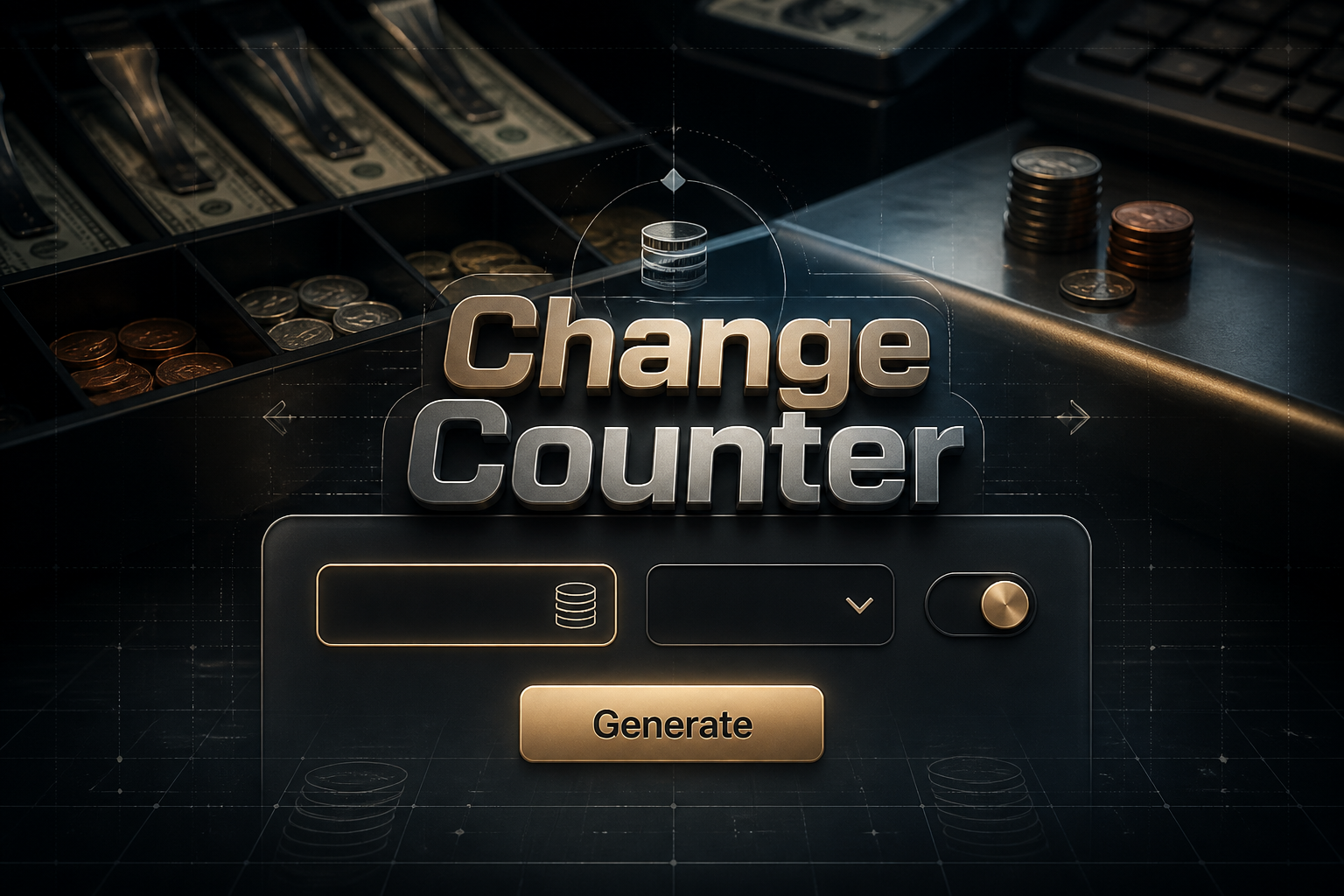 Centered hero image for a change counter calculator shows the title Change Counter over a sleek panel with coin amount input, currency dropdown, mode toggle, and Generate button, set on a cashier counter with coins and cash tray details.