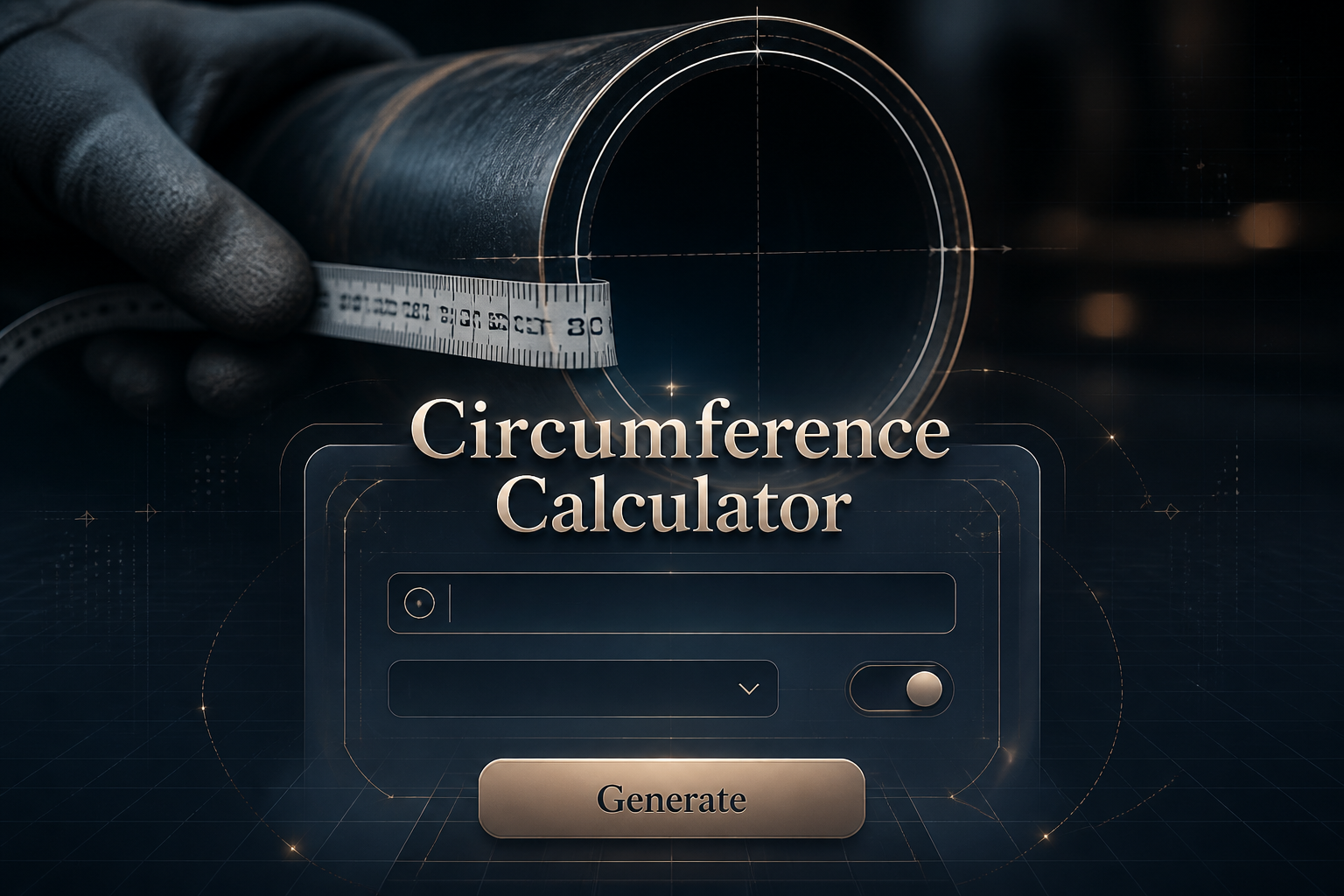 Centered hero graphic for a Circumference Calculator with a smart UI panel, radius input, blank dropdown and toggle, plus a Generate button, set over a realistic measurement-themed background with subtle grid lines and premium design details.