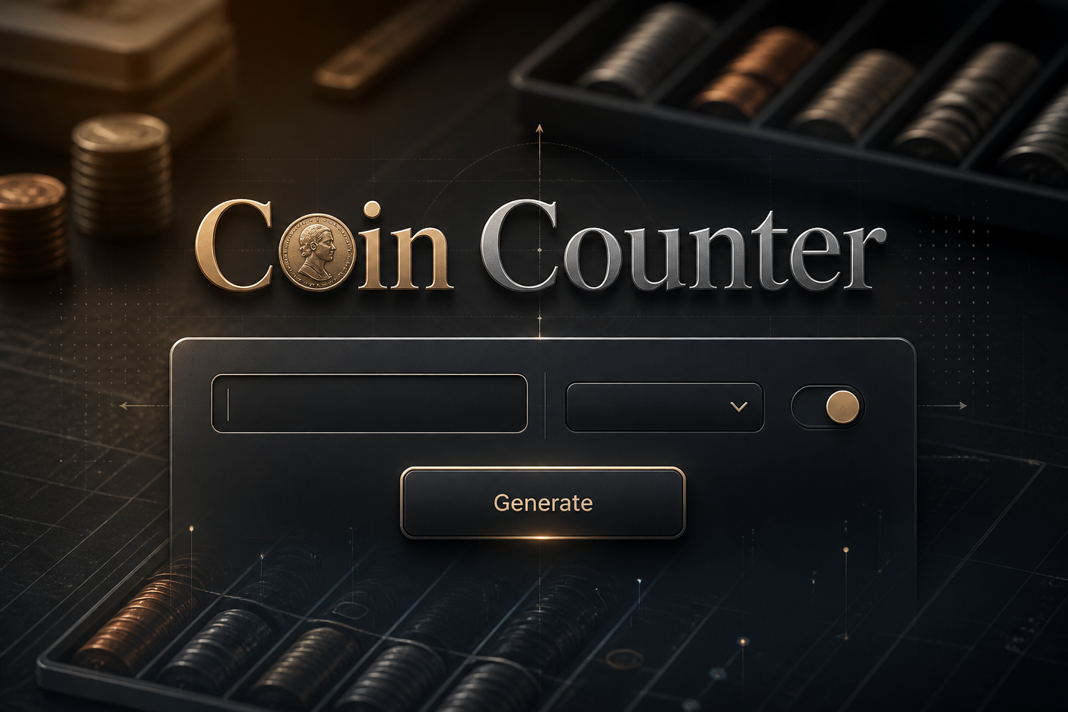 Featured hero image for a Coin Counter tool with a centered sleek panel, one coin amount input, coin type dropdown, auto counting toggle, and Generate button, over stacked coins and a cashier-style surface with subtle grid lines.