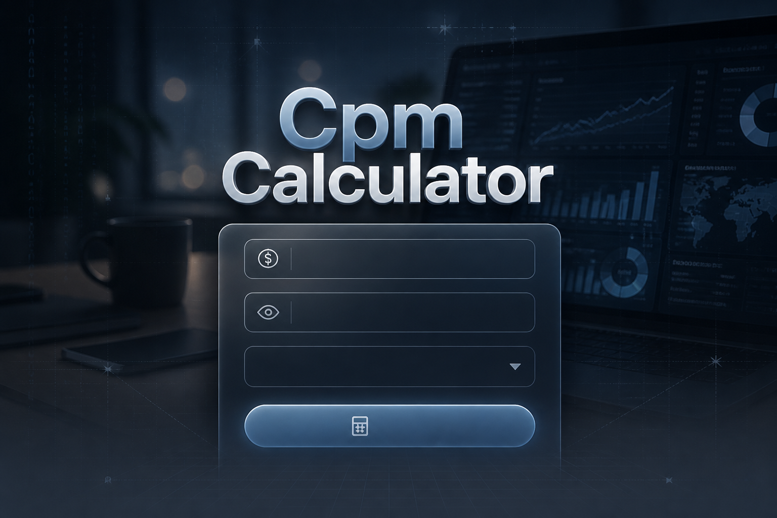 Centered hero graphic for Cpm Calculator showing a sleek pricing panel with cost and impressions input fields, a clean dropdown, and a Generate button over a polished advertising analytics background with subtle grid lines for CPM calculation tool use.