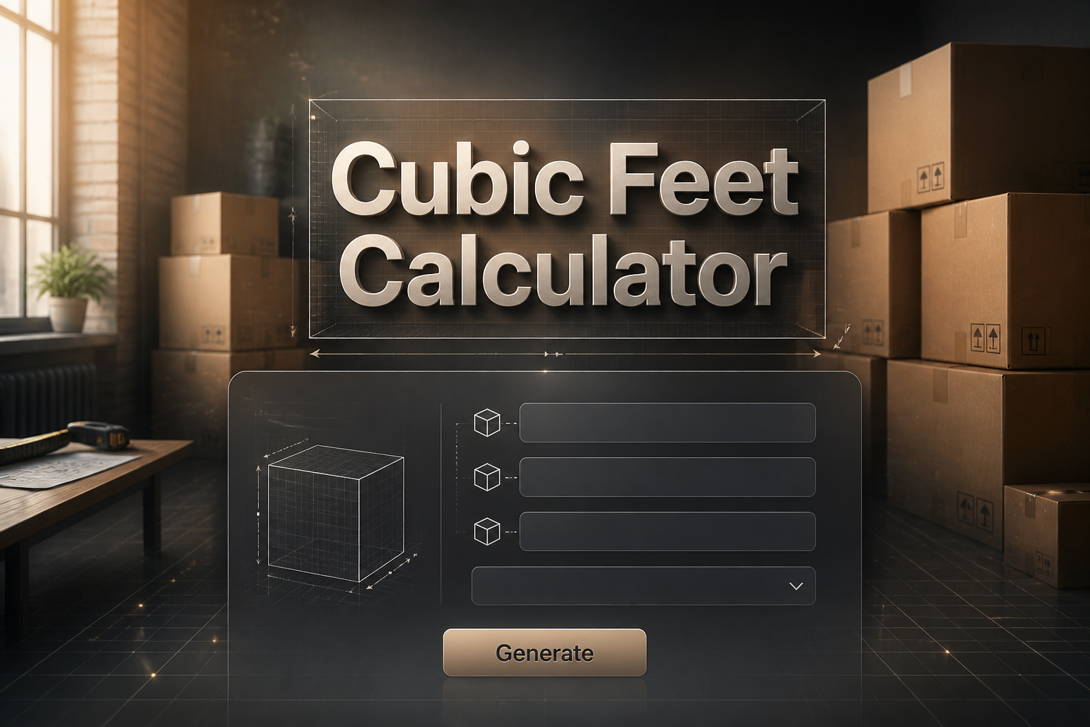 Cubic Feet Calculator hero image with a polished UI panel showing length, width, height fields, a unit dropdown, and a Generate button over stacked moving boxes and subtle grid lines for cubic feet calculator online and room volume calculator use.