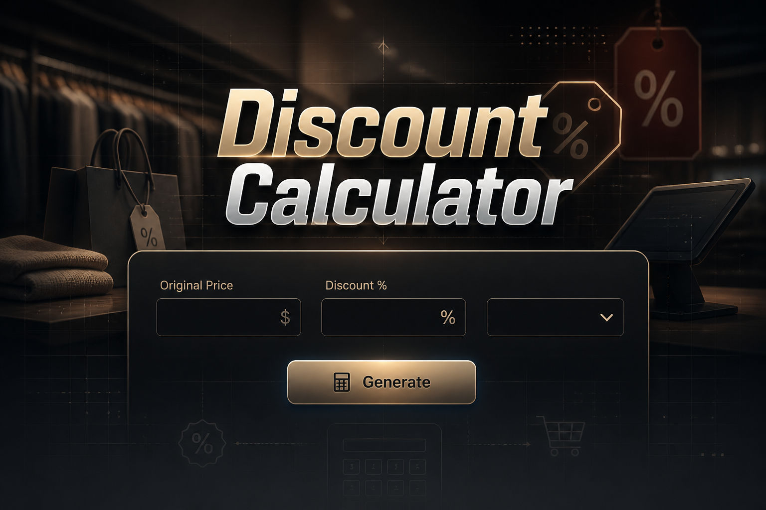 Featured discount calculator hero image with a sleek centered panel showing Original Price and Discount % fields, a blank discount type dropdown, and a Generate button, plus a subtle retail pricing calculator interface in the background.