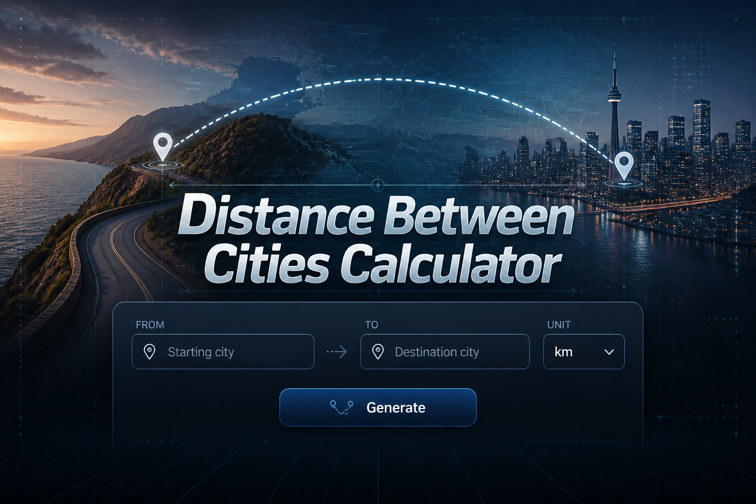 Featured hero image for a Distance Between Cities Calculator showing a sleek route-planning panel with starting city, destination city, distance unit dropdown, and Generate button over a premium travel map background.