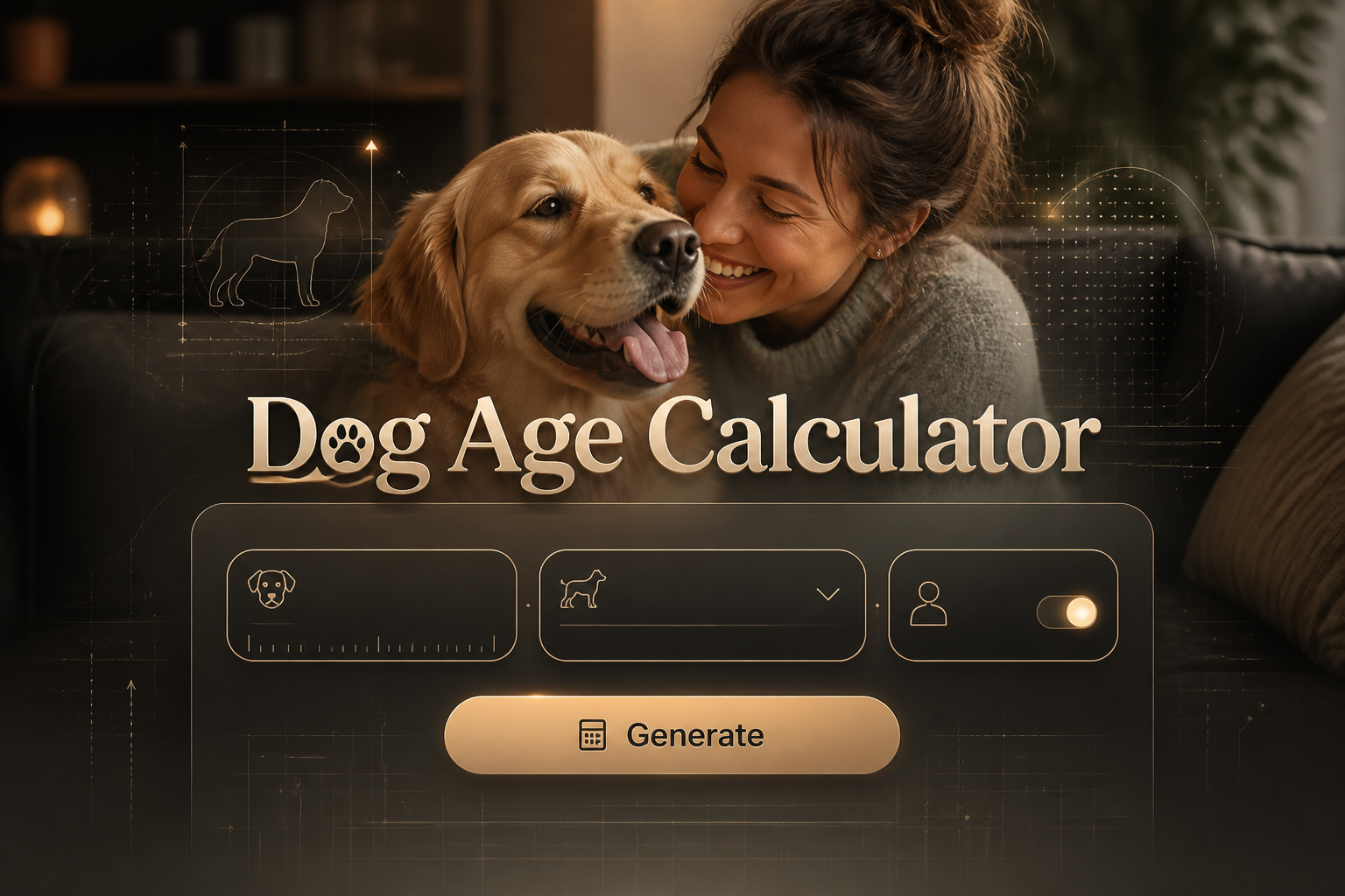 Hero image for Dog Age Calculator with a happy dog and owner in the background, a centered UI panel showing dog age input, breed size dropdown, human years toggle, and a Generate button, ideal for dog age calculator by breed size tools.