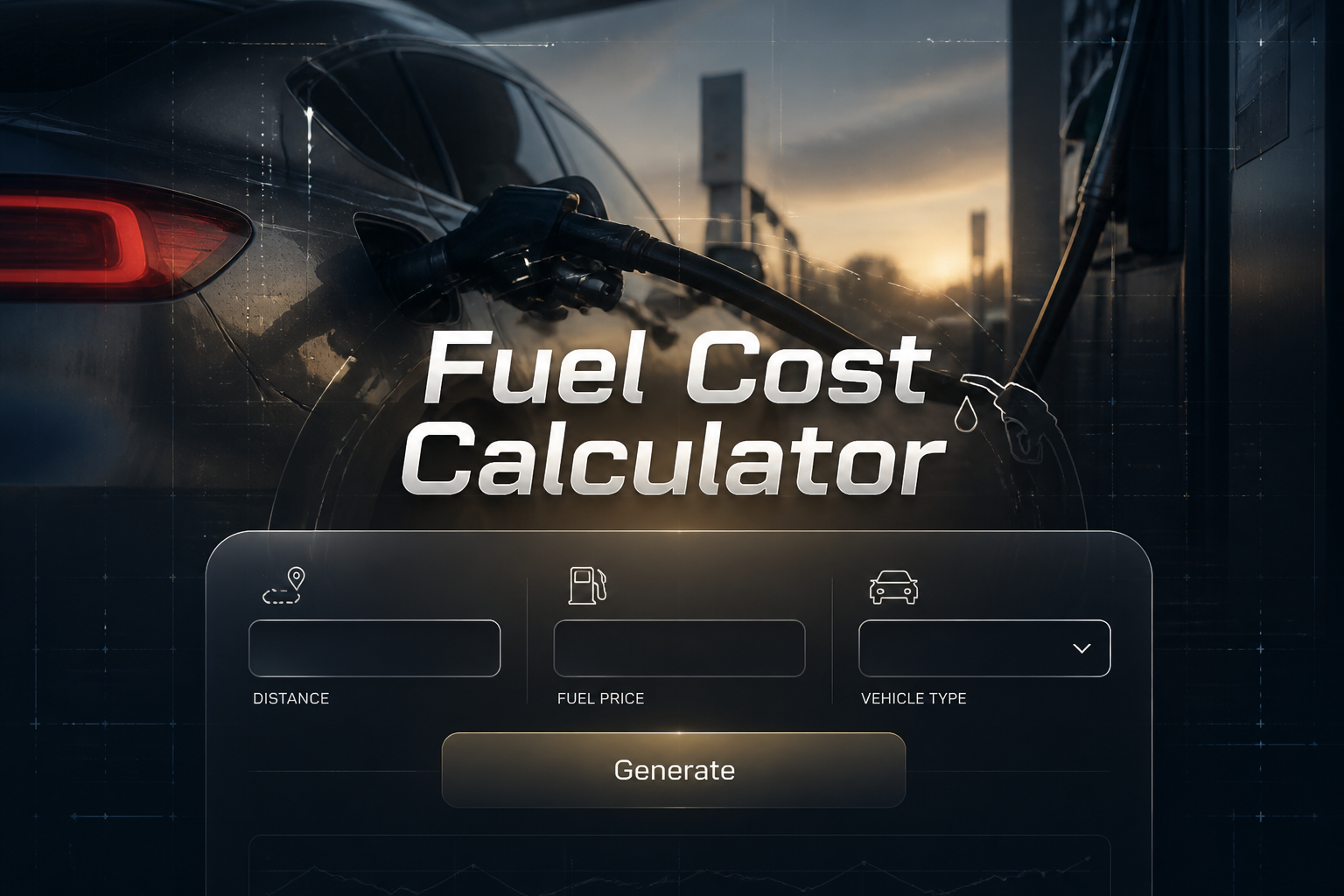 Featured hero image with "Fuel Cost Calculator" text over a sleek panel showing distance, fuel price, vehicle type dropdown, and a Generate button, set against a car-at-fuel-station scene for fuel cost calculator and fuel expense estimator visuals
