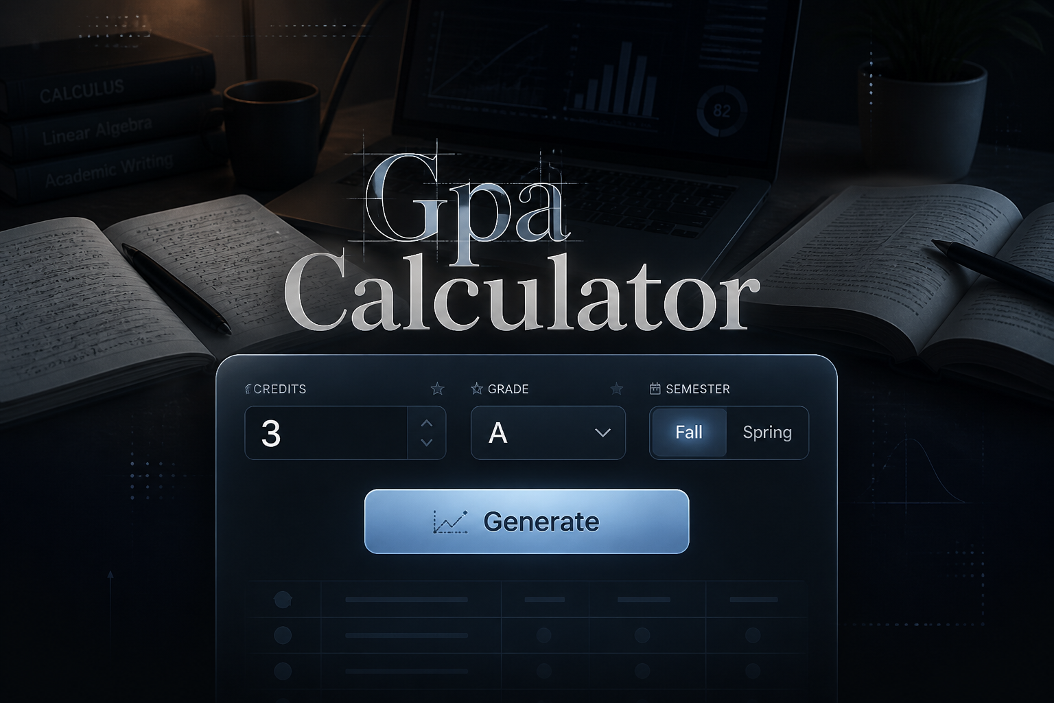 Centered hero image of a sleek GPA calculator UI with Gpa Calculator text, credits input, grade dropdown, semester selector and Generate button over a realistic study desk, ideal for college GPA calculator and semester GPA calculator tools