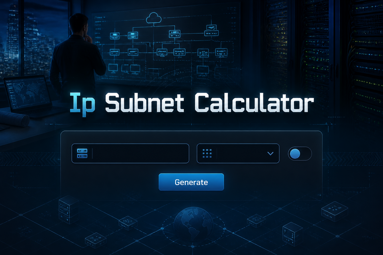 Centered hero graphic for an Ip Subnet Calculator with a refined input panel showing an IP address field, subnet mask dropdown, CIDR toggle, and Generate button, set over a high-contrast network planning background with subtle grid lines and alignment arrows.
