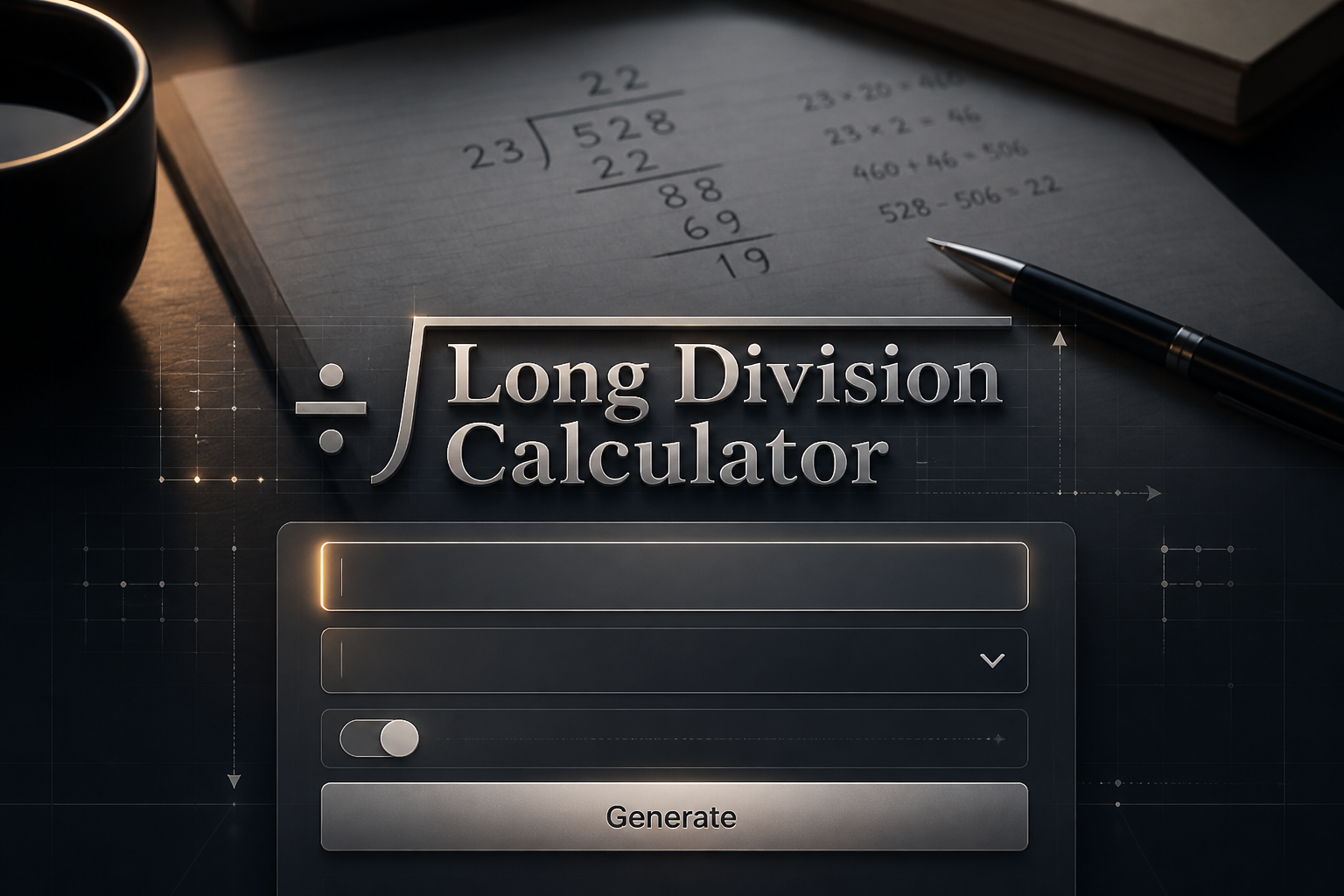 Centered hero graphic for a long division calculator with the title Long Division Calculator, a dividend input, divisor dropdown, remainder toggle, and Generate button, set over a polished dark UI with subtle grid lines and math-tool styling