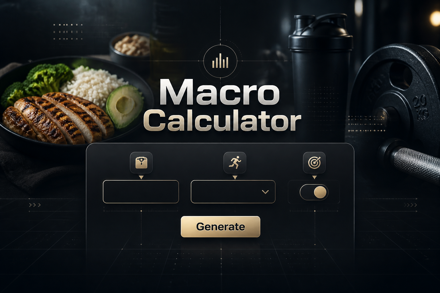 A premium Macro Calculator hero image shows a centered UI panel with weight input, activity level dropdown, goal toggle, and Generate button over a sleek food-and-fitness scene with subtle grid lines and soft reflections.