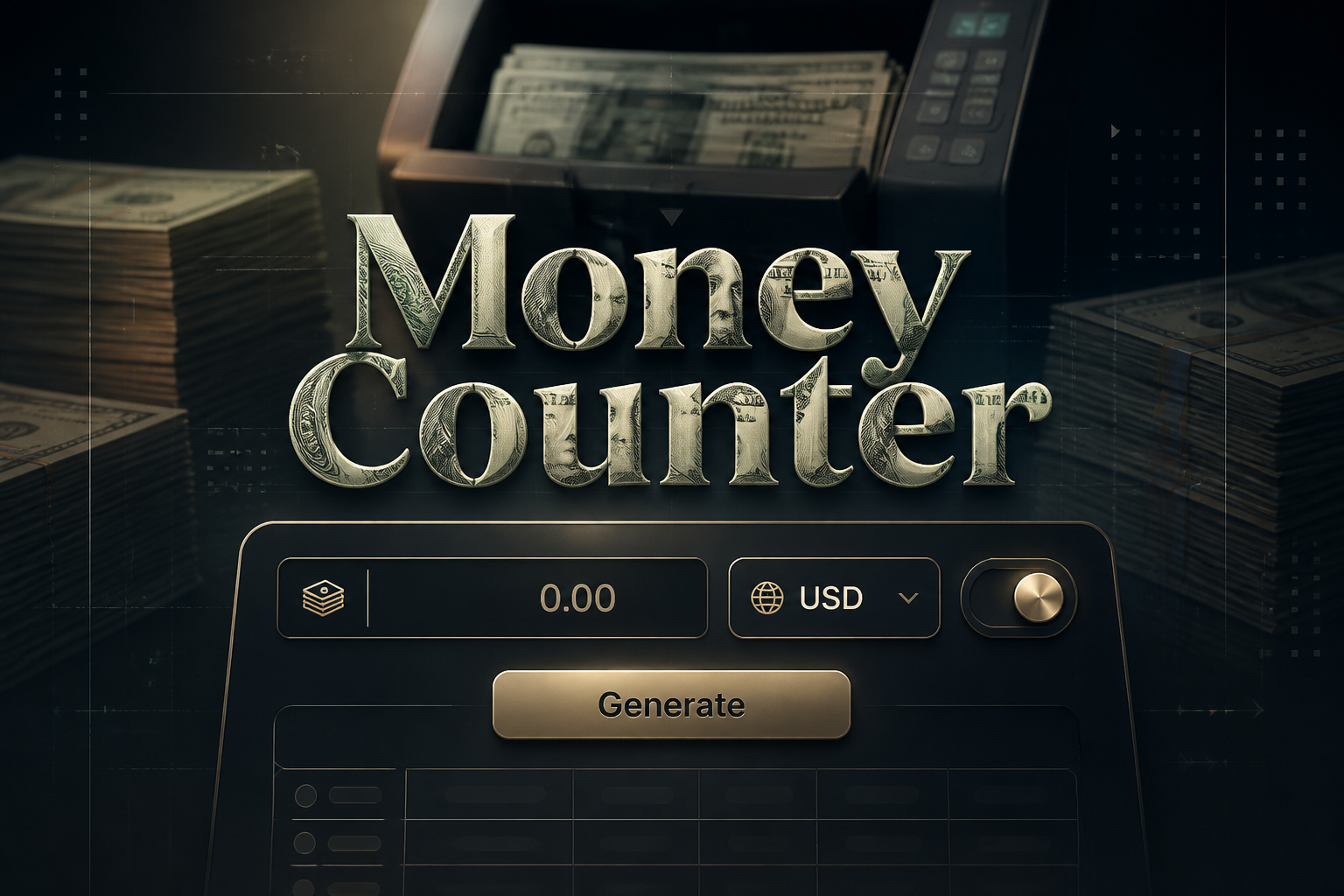 Centered featured hero for Money Counter shows a sleek premium UI panel with cash amount input, currency dropdown, count mode toggle and Generate button over stacked banknotes and counting-machine cues, ideal for a money counter tool online