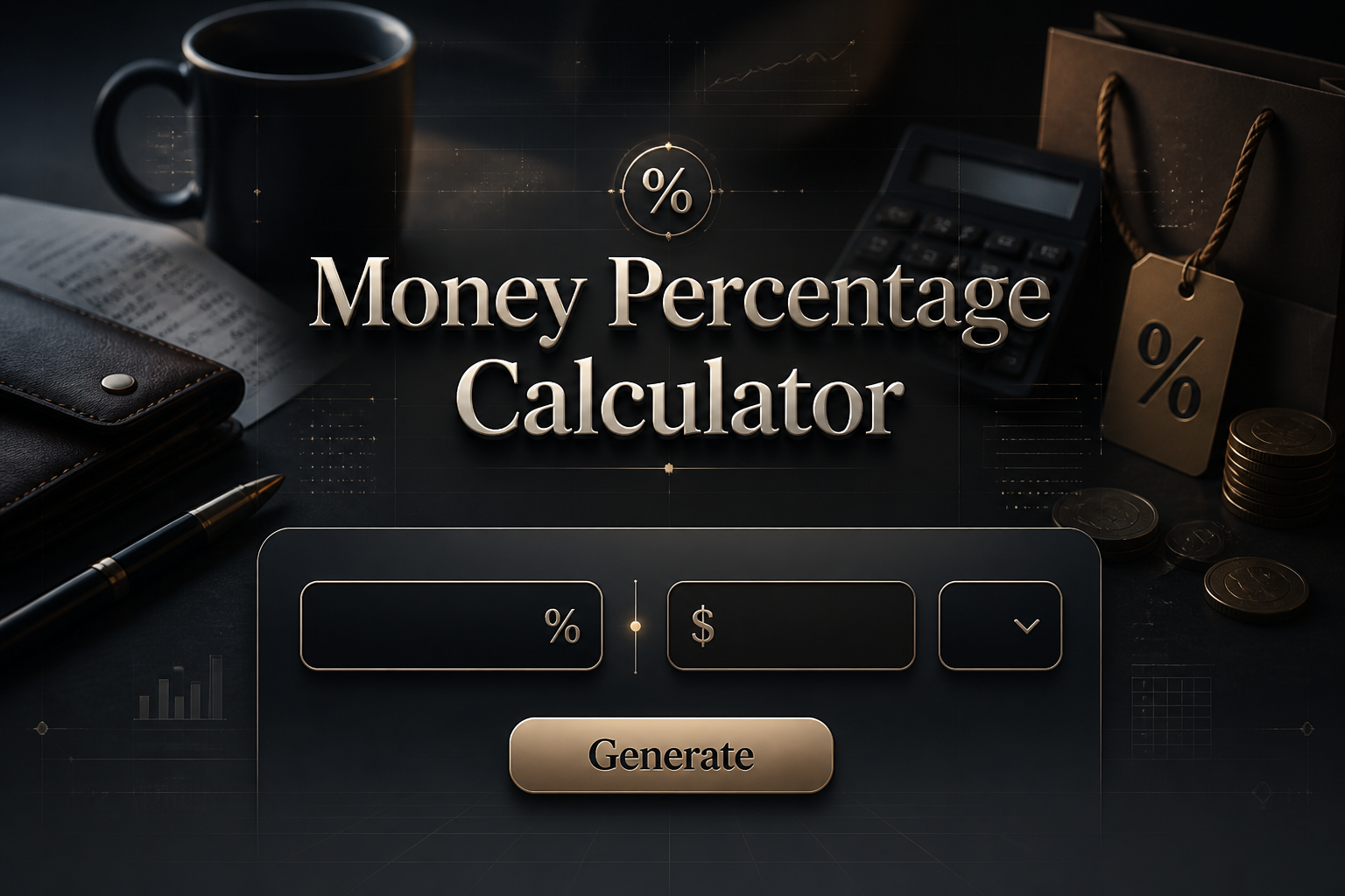 Featured hero image of a Money Percentage Calculator with a sleek input panel for percentage and amount, a Generate button, and a budgeting discount calculator interface over a premium high-contrast finance background.