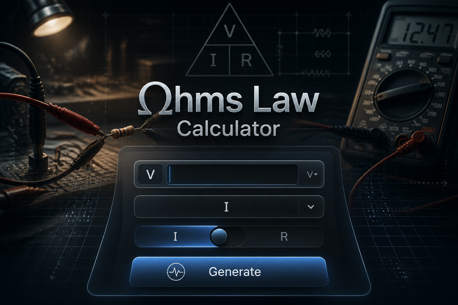 Hero graphic for Ohms Law Calculator showing a sleek centered UI panel with voltage input, variable dropdown, current or resistance selector, and Generate button over a dramatic electrical circuit scene with subtle grid lines and premium shadows.