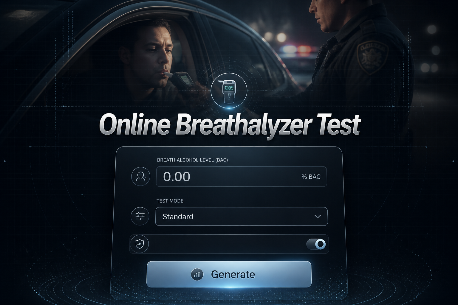 Centered hero image for an online breathalyzer test with a polished UI panel showing a breath alcohol level input, test mode dropdown, privacy toggle, and Generate button, over a sleek real-life breath alcohol testing scene.