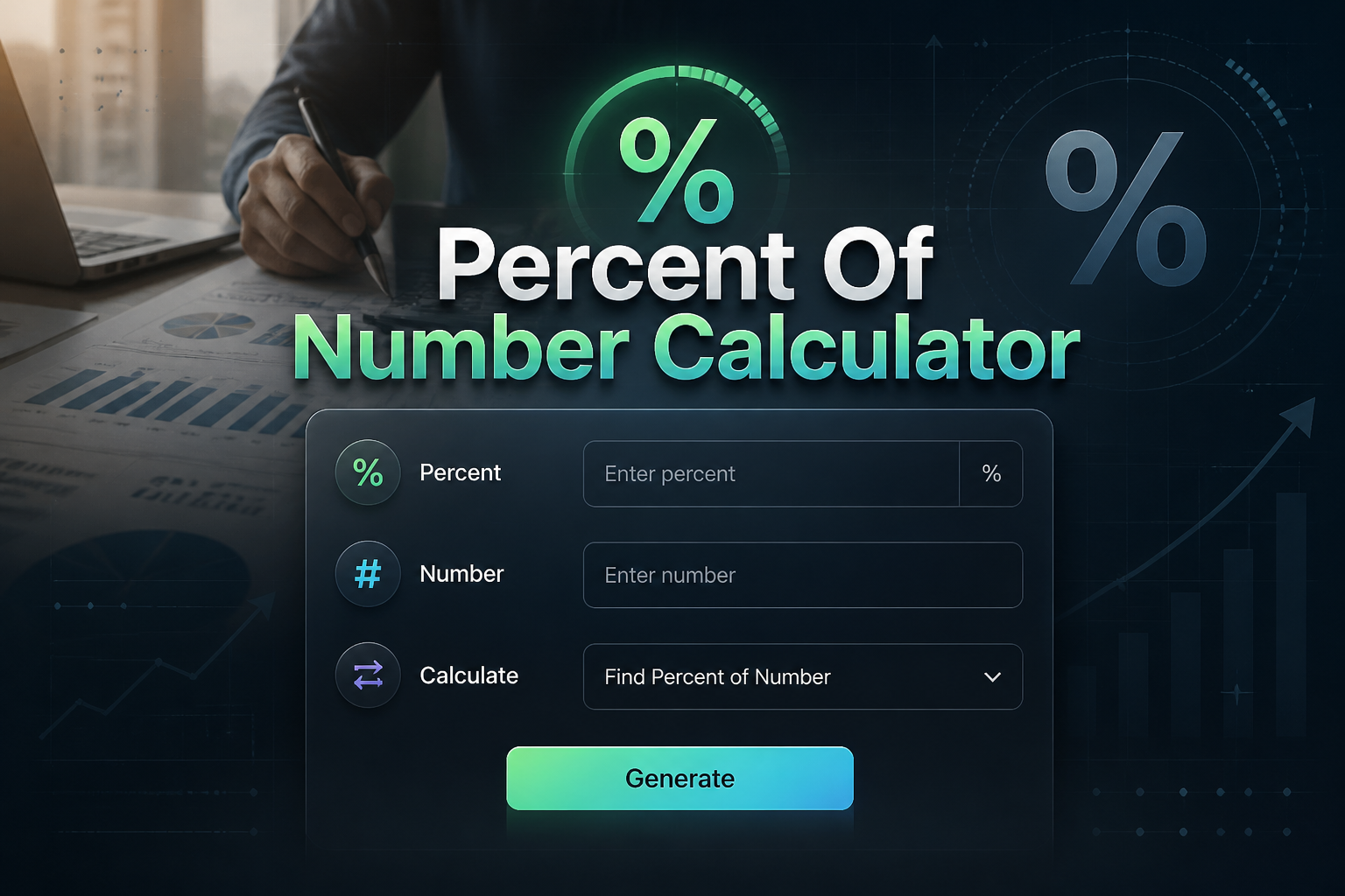 Centered hero image for a Percent Of Number Calculator showing a sleek UI panel with percent and number input fields, a calculation mode toggle, and a Generate button over a premium percentage calculation scene.