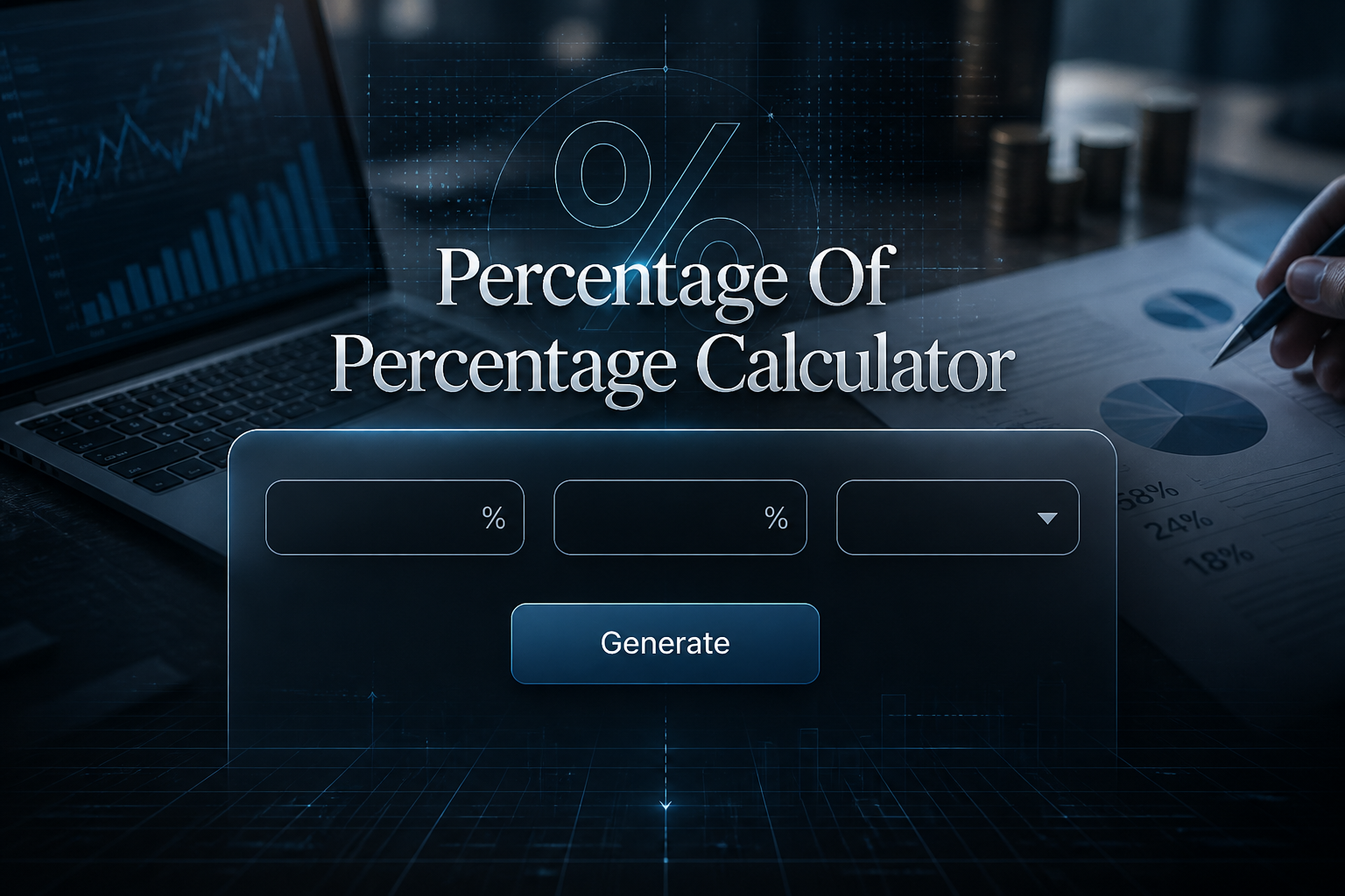 Centered hero graphic for a Percentage Of Percentage Calculator showing two percentage input fields, a blank dropdown, and a Generate button in a sleek UI panel over a subtle real-life calculation scene with faint grid lines and soft shadow text.