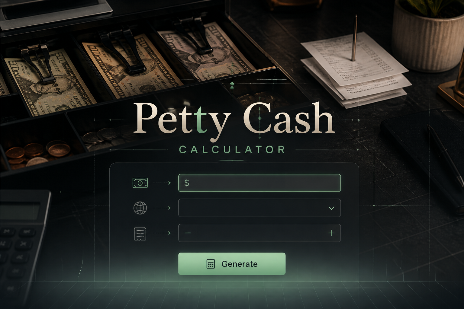 Centered hero graphic for a Petty Cash Calculator showing a sleek finance UI panel with starting cash, currency, and expenses fields plus a Generate button over a realistic cash drawer and receipt slips, ideal for petty cash tracking and office cash management