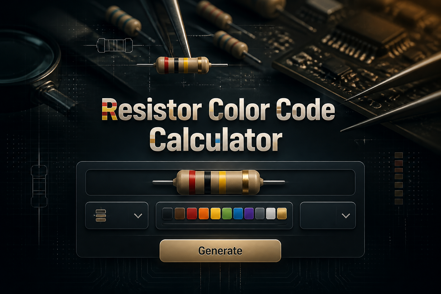 Centered hero graphic for a resistor color code calculator tool showing a polished input panel with resistor bands field, band count dropdown, color selector, and Generate button over a sleek electronics workspace with resistors and subtle grid details.