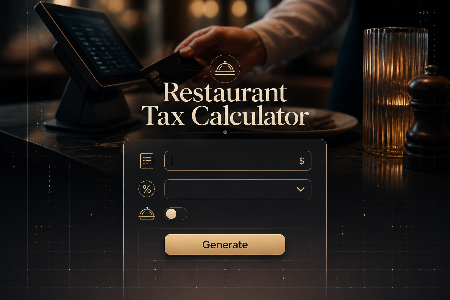 Centered hero graphic for Restaurant Tax Calculator with a refined checkout-style UI panel, subtotal input, tax rate dropdown, tip included toggle, and Generate button, set over a deep restaurant scene for restaurant tax calculation tool use.