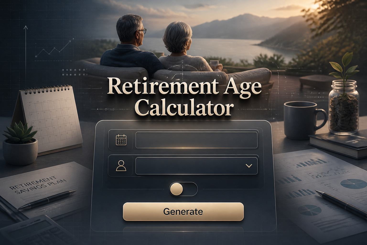 Featured hero image of a Retirement Age Calculator interface with a large centered title, retirement age input, current age dropdown, early retirement toggle, and Generate button over a realistic retirement planning desk scene.