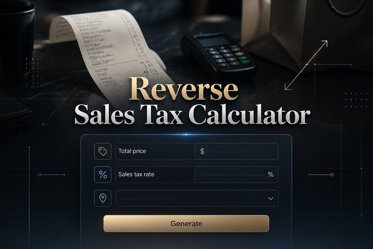 Reverse Sales Tax Calculator hero graphic showing a sleek centered UI panel with Total price, Sales tax rate, tax region dropdown, and Generate button over a receipt-style background, ideal for reverse sales tax calculator tool design.
