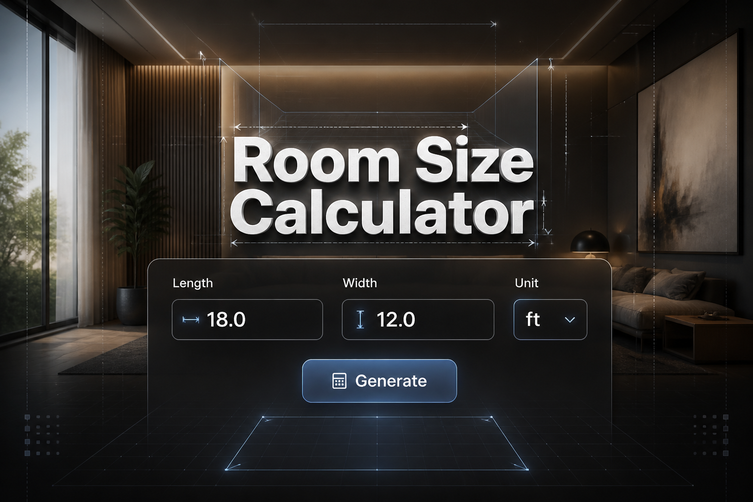 Featured hero image for a Room Size Calculator showing a sleek centered UI panel with room length and width inputs, a unit dropdown, and a Generate button over a refined interior-style background with subtle grid lines and alignment arrows.