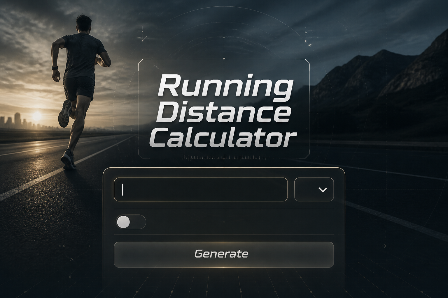 Centered hero graphic for a Running Distance Calculator with a runner on a track behind a sleek UI panel, one distance field, unit dropdown, pace toggle, and a Generate button, styled as a running pace calculator tool.