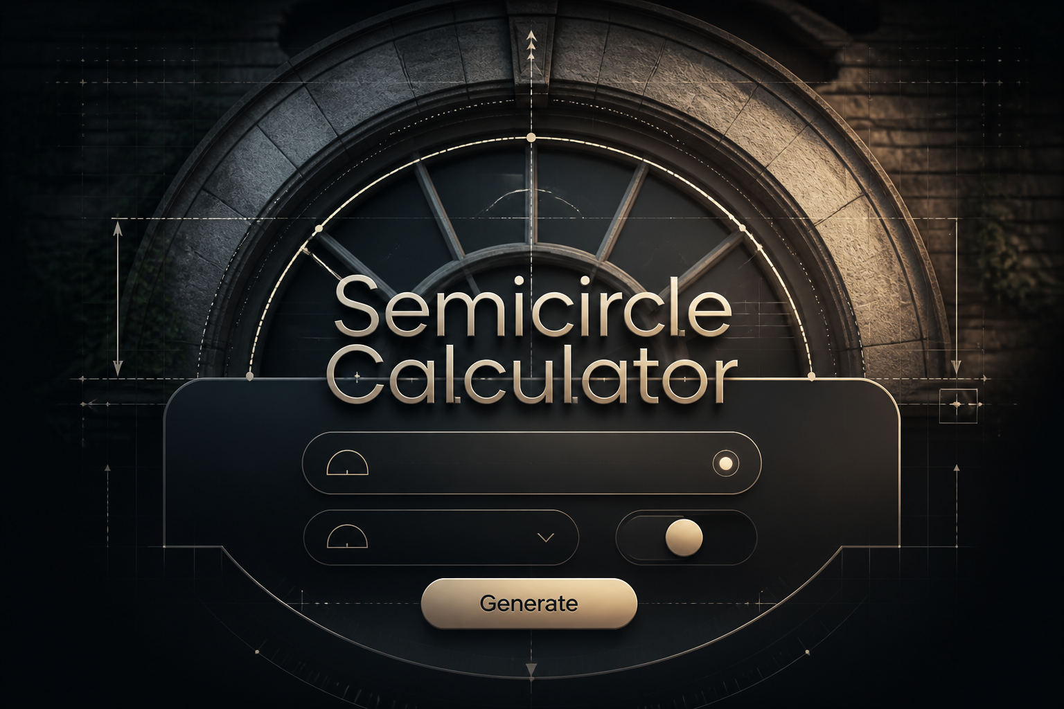 Centered hero graphic for a Semicircle Calculator with a soft-shadow title, a radius input, unlabeled dropdown and toggle, and a Generate button, set over a polished curved-arch measuring UI with subtle grid lines and geometric accents.