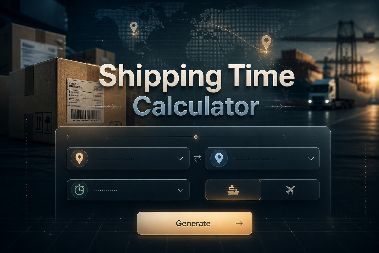 A polished Shipping Time Calculator hero image shows a centered UI panel with origin and destination fields, a delivery-speed dropdown, a shipping-method toggle, and a Generate button over a realistic logistics backdrop, ideal for calculating shipping transit time and delivery estimates.