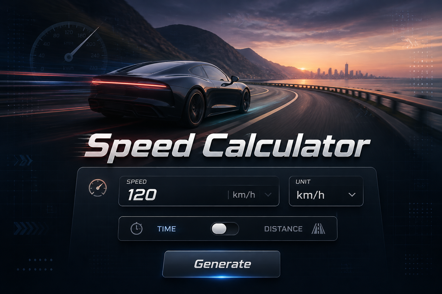 Centered hero graphic for a speed calculator tool showing the title Speed Calculator, a speed value input, units dropdown, timing or distance mode toggle, and Generate button over a sleek motion-and-travel background with subtle grid accents.