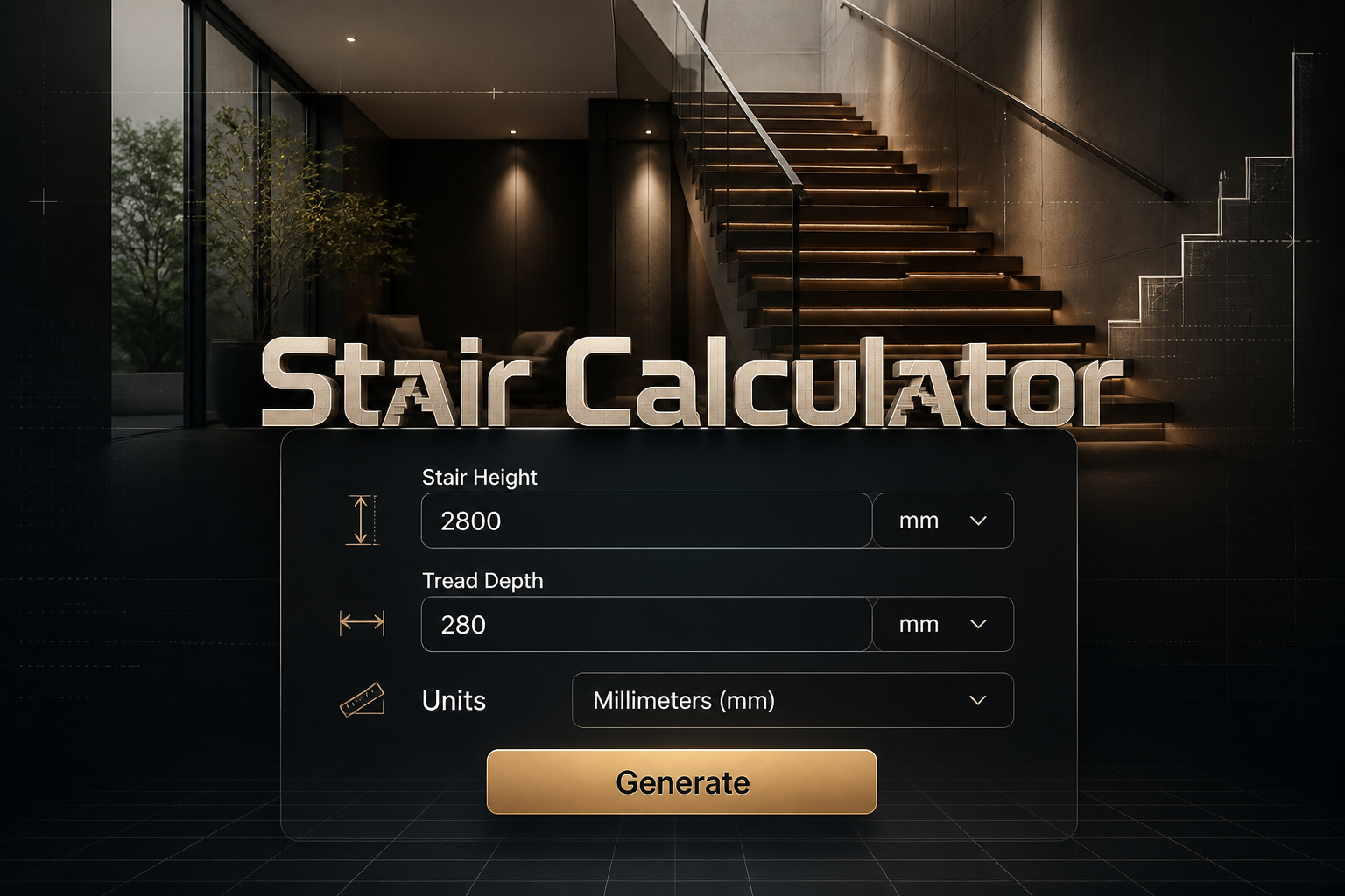 A polished Stair Calculator hero image shows a centered UI panel with stair height and tread depth fields, a unit dropdown, and a Generate button over a dark architectural staircase backdrop, ideal for a stair rise and run calculator.
