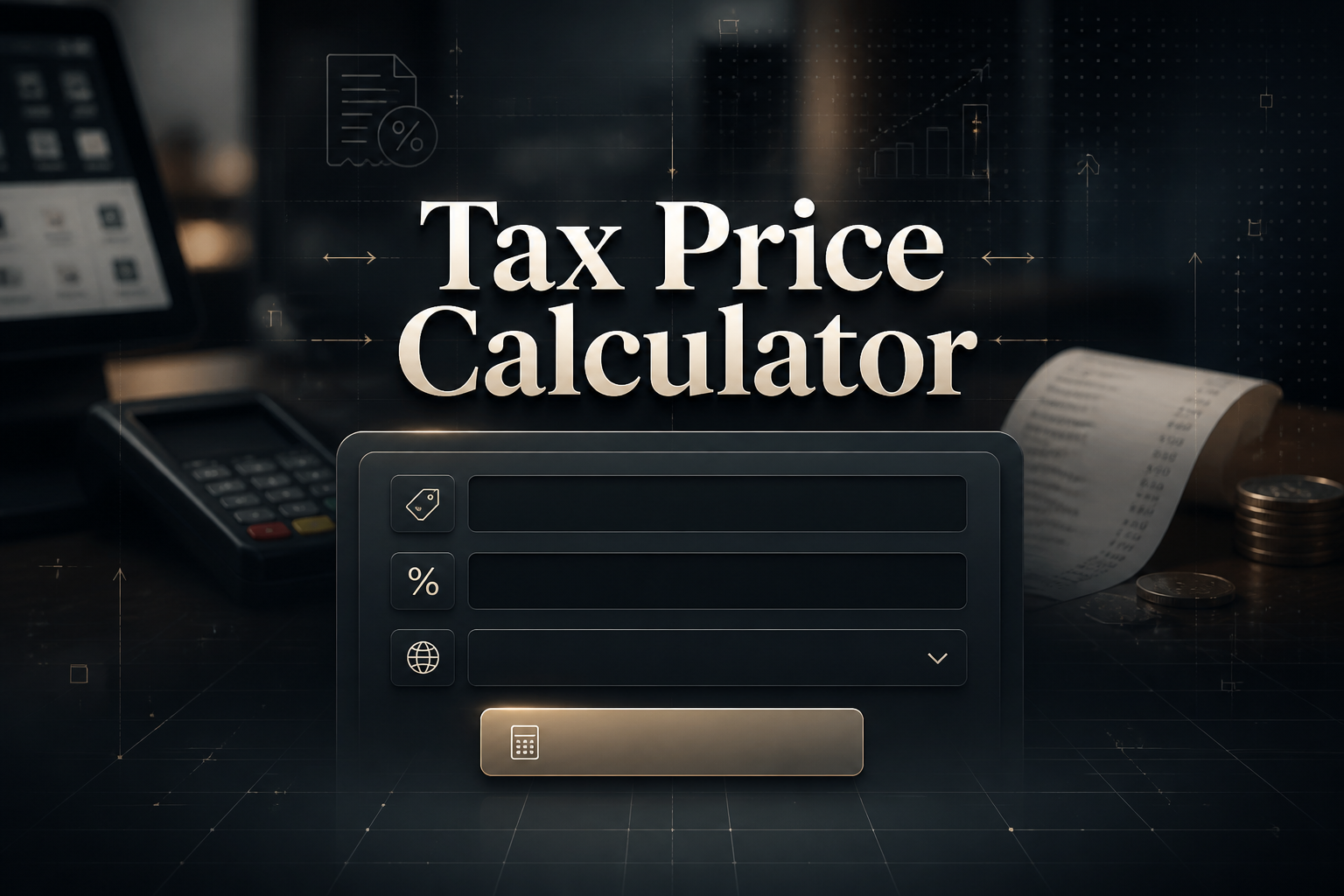 Centered hero graphic for a Tax Price Calculator with a sleek input panel, price and tax rate fields, a dropdown, and Generate button over a dark checkout-and-receipt backdrop, ideal for a sales tax price calculator tool and price with tax estimator.
