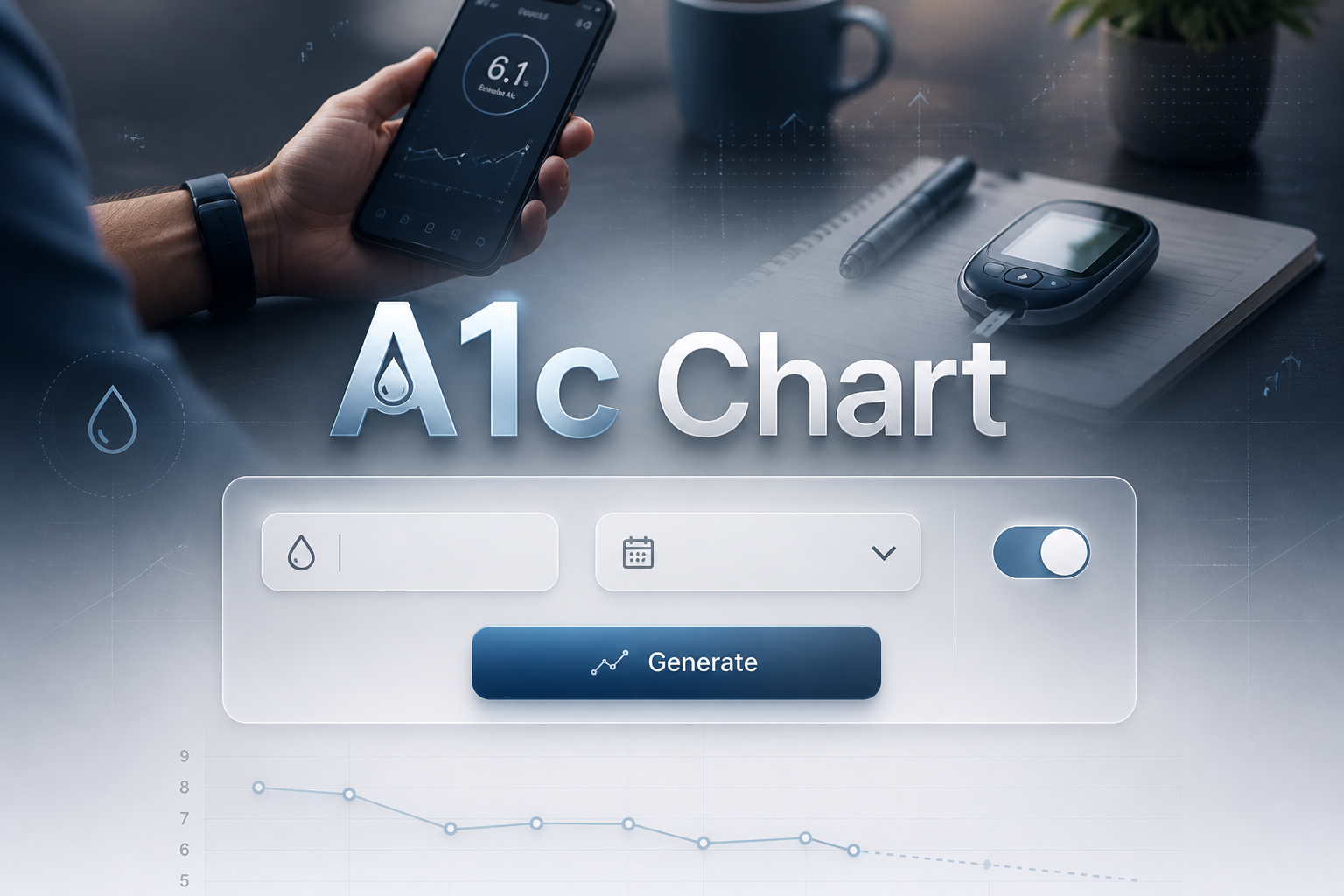 Centered premium hero image for an A1c chart tool with the text A1c Chart, one A1c value input, a time range dropdown, a show trend toggle, and a Generate button, set over a sleek medical analytics background with faint grid lines.