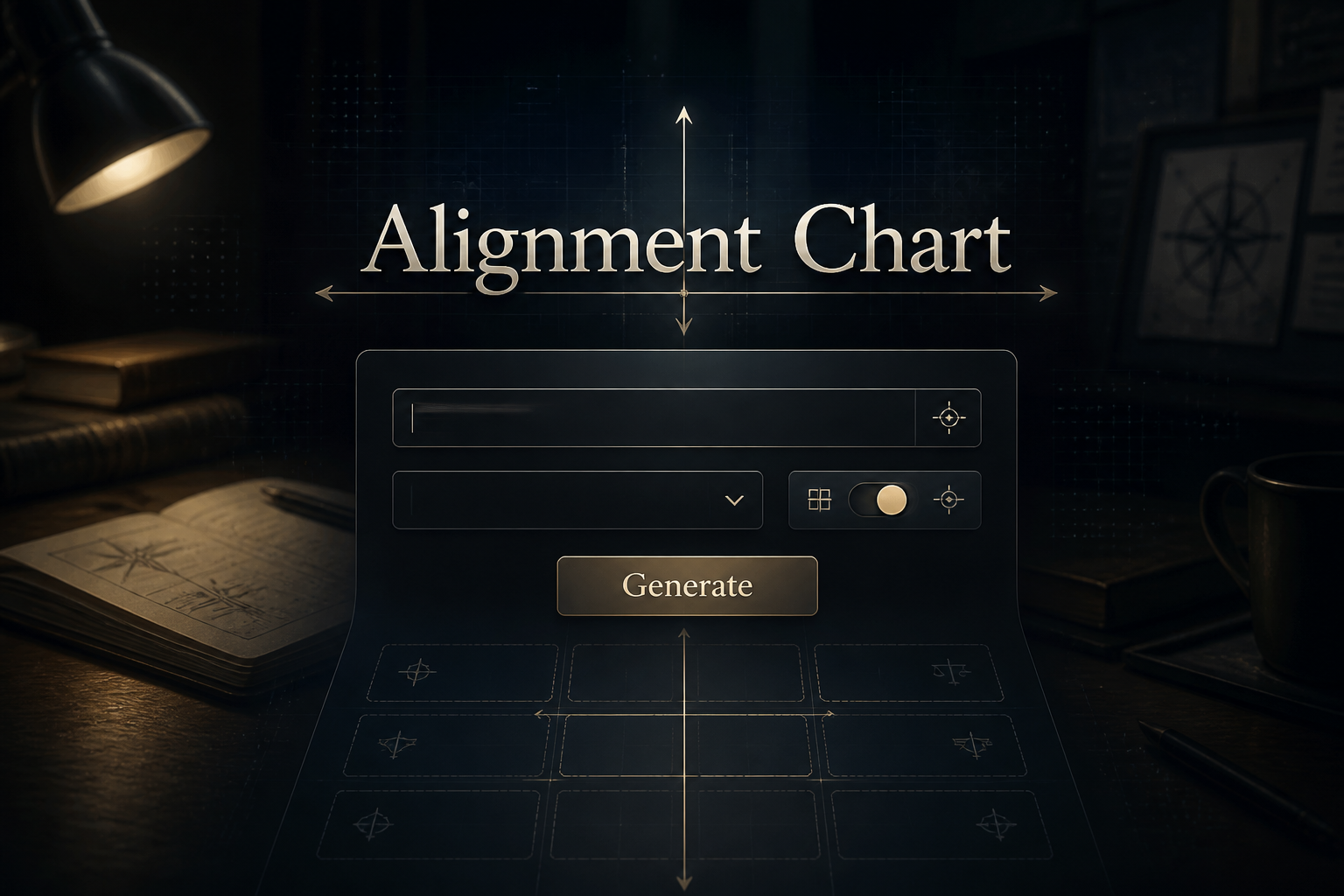 A premium Alignment Chart hero image shows a centered UI panel with a label input, dropdown selector, alignment mode toggle, and a Generate button, set over a dark fading background with subtle grid lines and alignment arrows for alignment chart tool use.