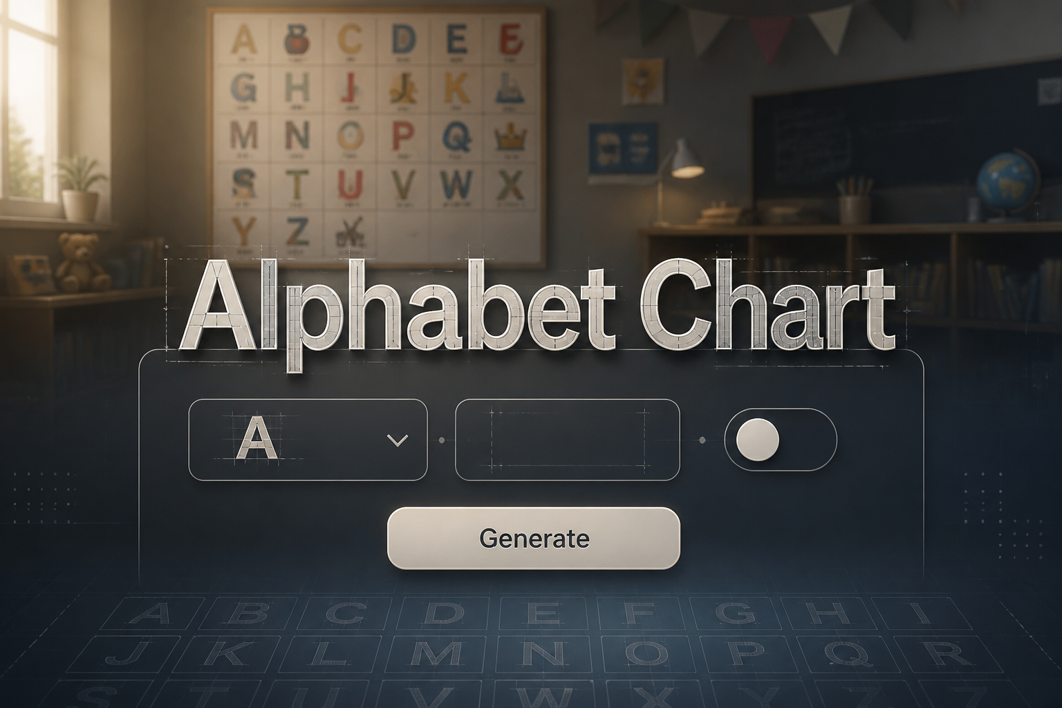 Featured hero image for an Alphabet Chart tool with a centered smart UI panel, dropdown for alphabet style, letter range field, uppercase/lowercase toggle, and Generate button, set over a subtle classroom-learning background with polished grid details.