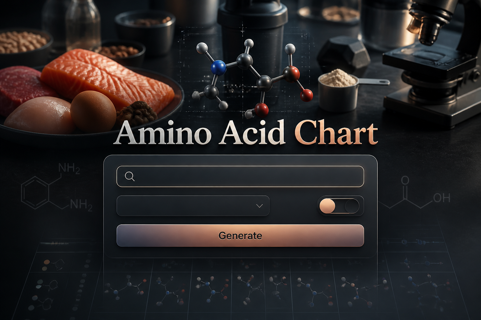 Centered hero graphic with the title Amino Acid Chart in soft shadow over a sleek chart tool panel, featuring an amino acid search field, chart type dropdown, display mode toggle, and Generate button on a nutrition and biochemistry background.