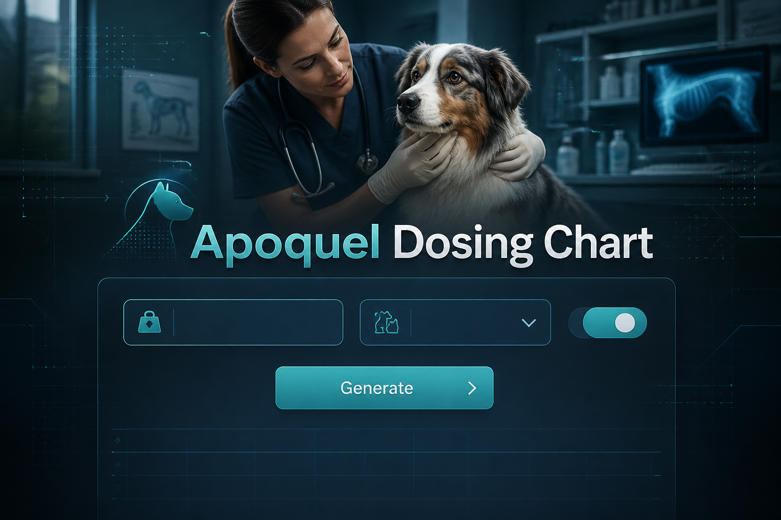 Featured hero graphic for an Apoquel dosing chart with a centered calculator-style panel, pet weight input, species dropdown, tiny dosage toggle, and Generate button over a premium veterinary background.