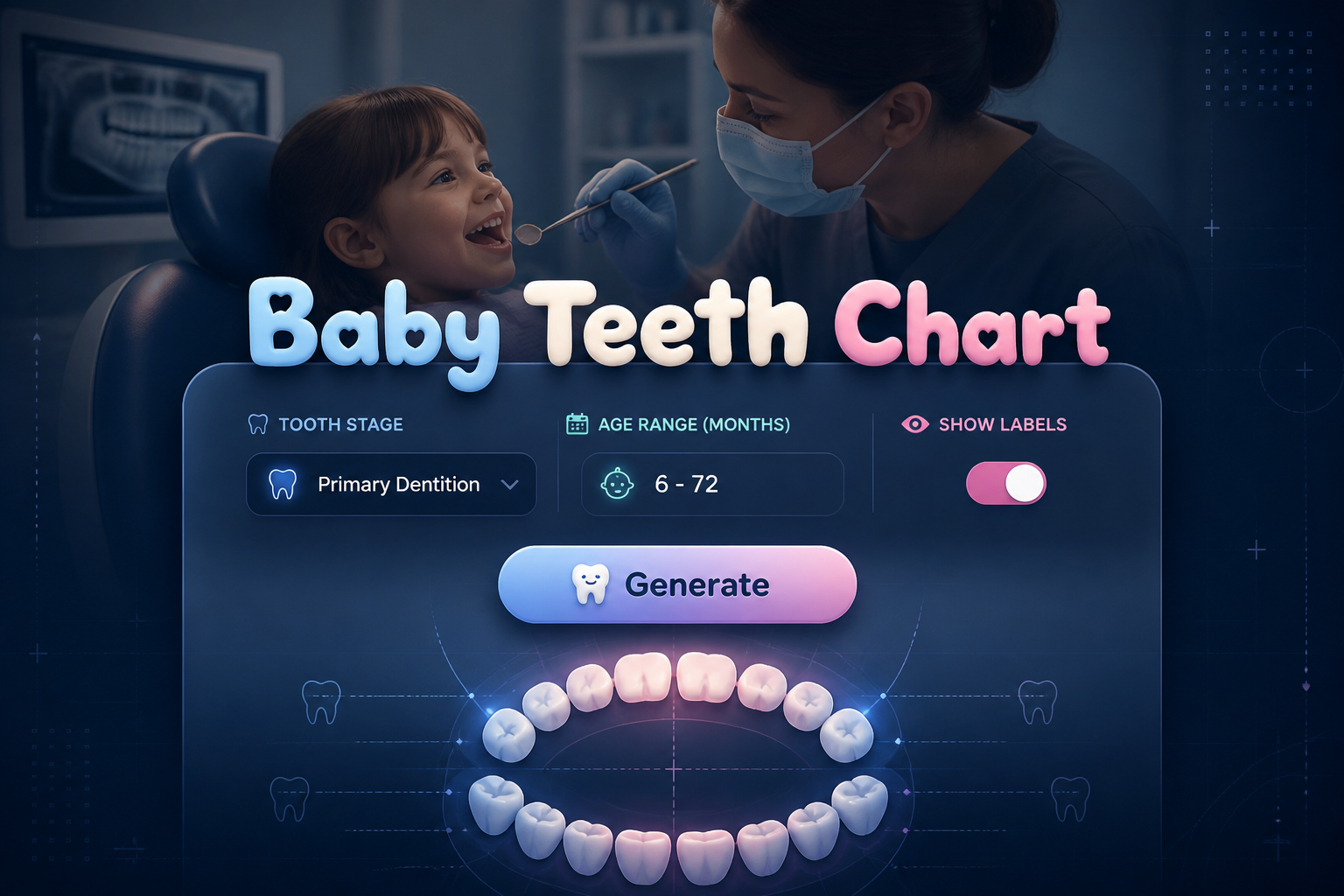 A premium hero image shows the title Baby Teeth Chart above a polished dental chart tool panel with a tooth stage dropdown, age range field, visible labels toggle, and Generate button, set over a pediatric dental chart scene.