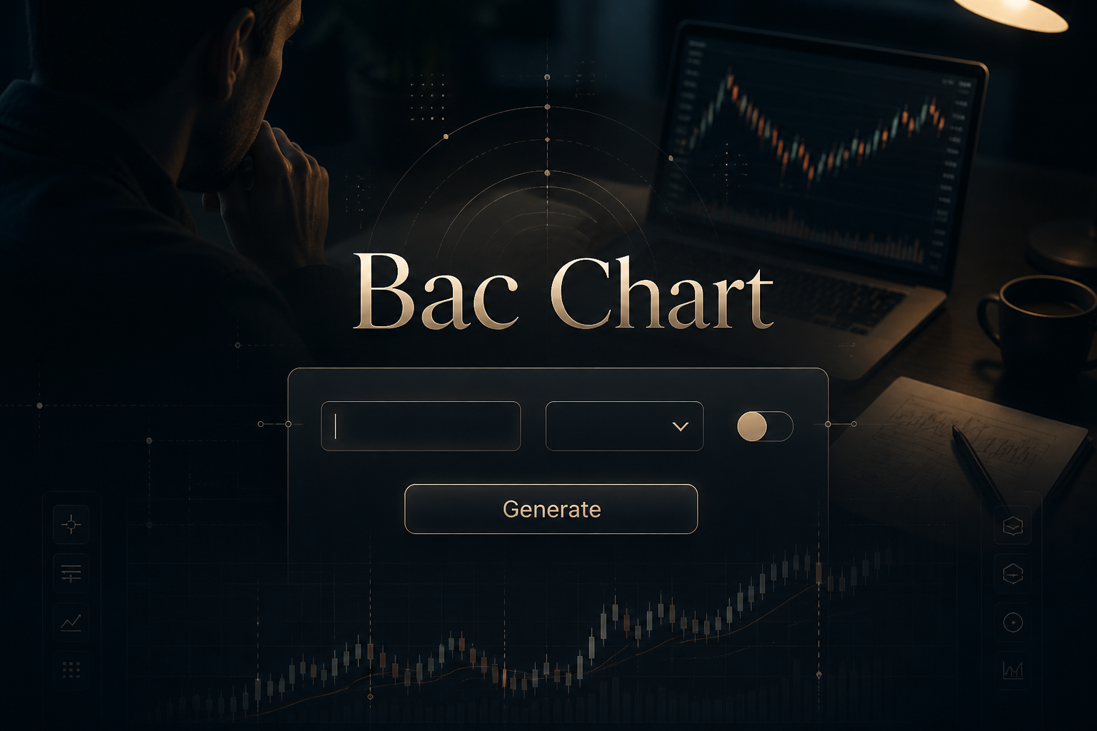 Centered premium hero image for a Bac Chart tool with elegant shadowed title, a clean BAC input field, blank dropdown, small toggle, and Generate button, set over a high-contrast chart analysis background with subtle grid lines and alignment arrows.