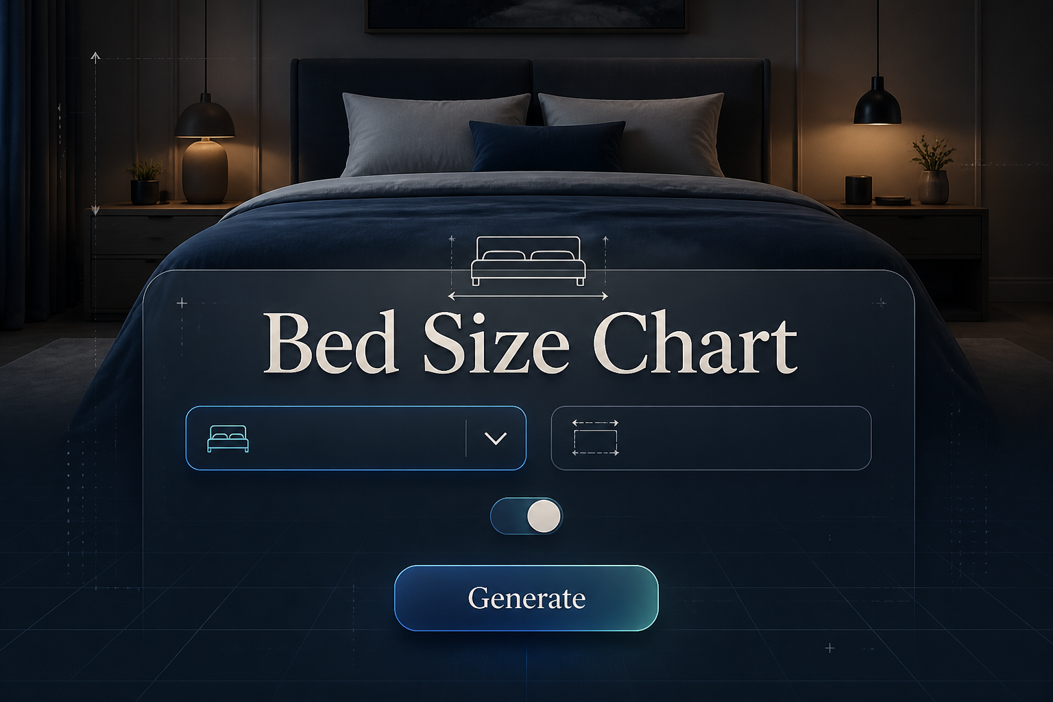 A sleek hero graphic shows the title "Bed Size Chart" over a refined mattress-dimension tool with a bed size dropdown, unit toggle, and Generate button, set against a softly fading bedroom scene and subtle grid lines.