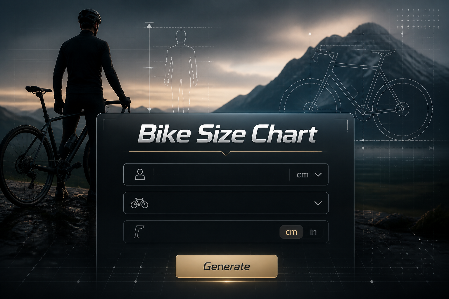 Featured hero graphic for a bike size chart tool with the title Bike Size Chart, a height input, bike type dropdown, inseam units toggle, and Generate button over a high-contrast cyclist silhouette with sleek UI grid accents.