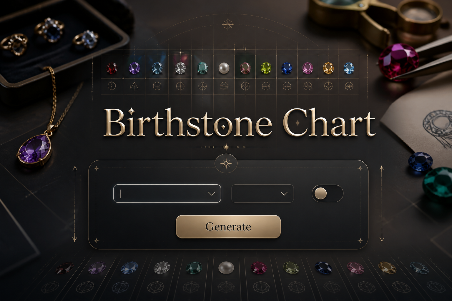 Featured hero image for a birthstone chart tool with the title Birthstone Chart, a birth month input field, dropdown selector, toggle switch, and Generate button over a gemstone jewelry display with subtle chart grid lines and premium UI details.