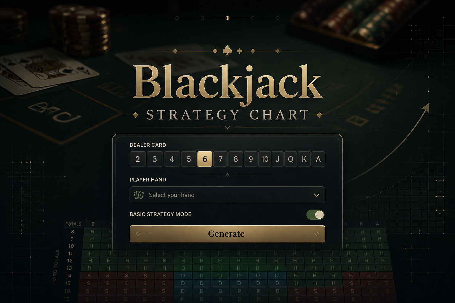 A premium blackjack strategy chart hero image shows the title Blackjack Strategy Chart above a sleek panel with dealer card input, player hand dropdown, basic toggle, and Generate button over a fading casino felt-table background with cards and subtle grid lines.
