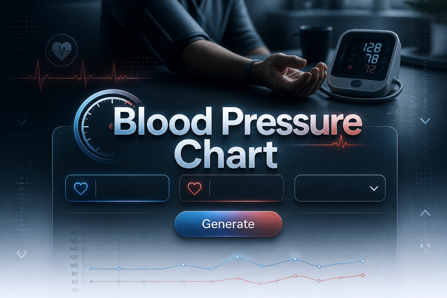 Hero graphic for a blood pressure chart tool showing a refined panel with systolic and diastolic input fields, a blank dropdown, and a Generate button, set over a sleek clinical background for blood pressure reading chart use.
