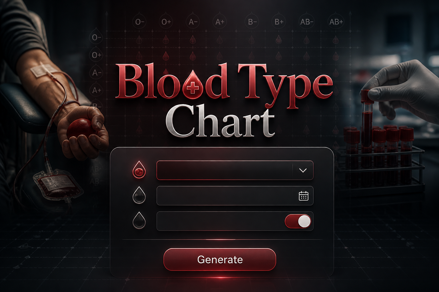 Centered premium UI hero image for a blood type chart tool, with the title Blood Type Chart, a blood type dropdown, a note/date field, a compatibility toggle, and a Generate button over a subtle blood donation lab chart review background.