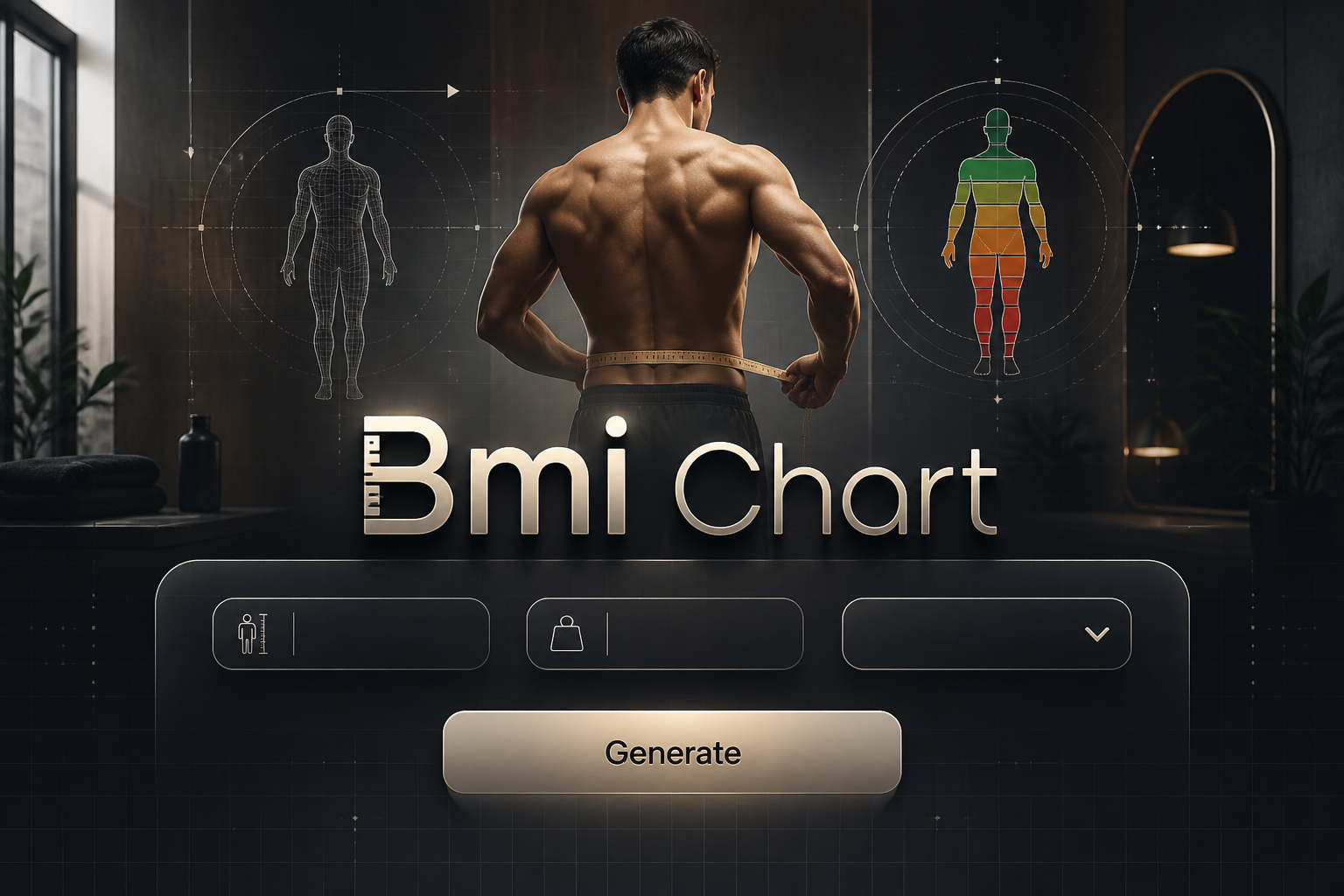 Centered hero graphic for a BMI chart tool showing "Bmi Chart" over a sleek panel with height and weight input fields, a clean dropdown, and a Generate button, with subtle grid lines and body measurement wellness styling.