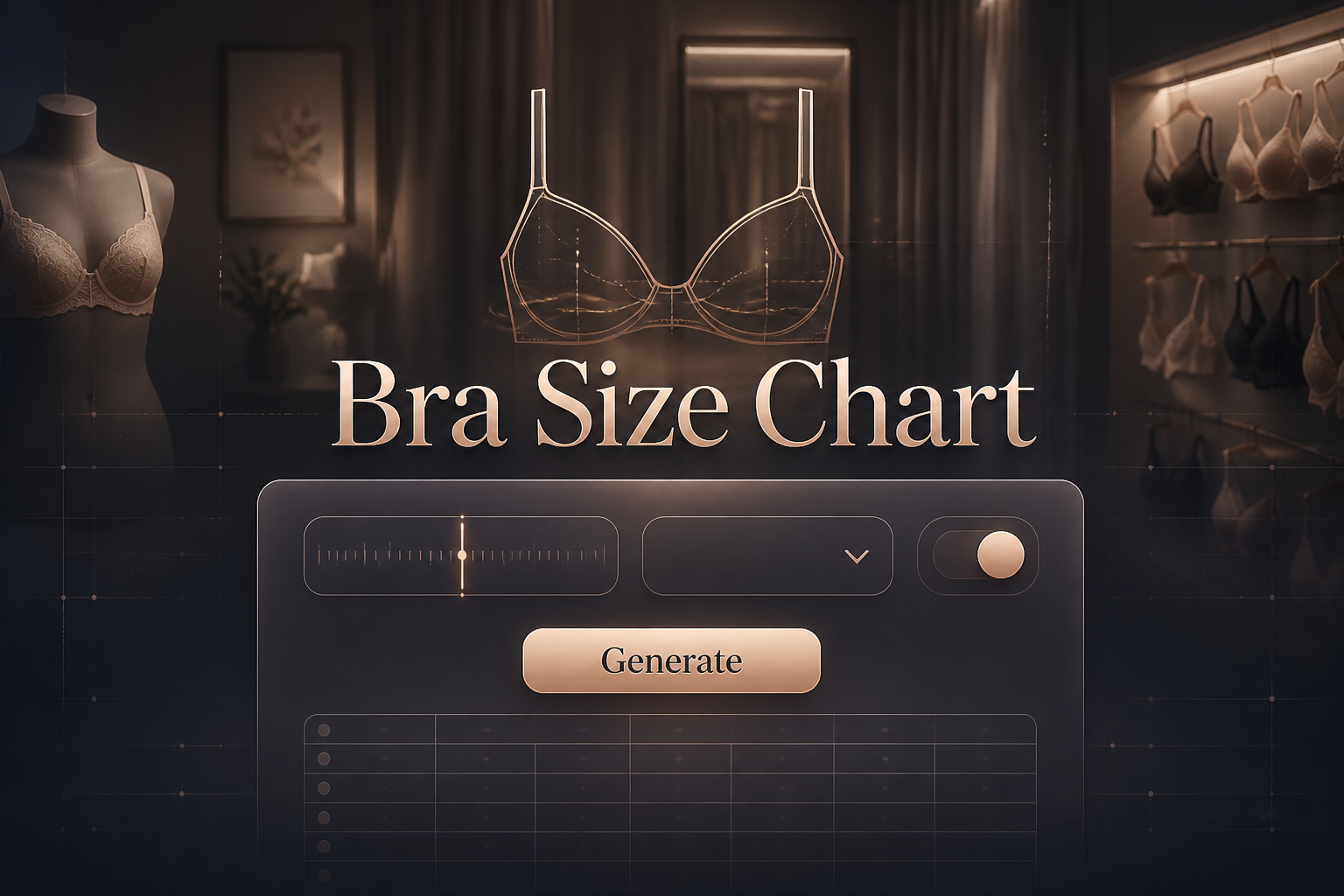 A polished hero image shows a bra size chart tool with "Bra Size Chart" centered over a sleek panel with band size input, cup size dropdown, fit toggle, and a Generate button against a softly fading fitting room background.